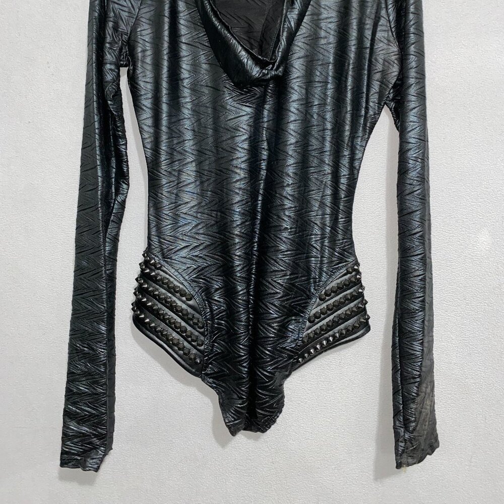 Ivy Layne Studded Black Hooded Bodysuit M/L Made in USA Edgy Zip Front - Picture 4 of 7